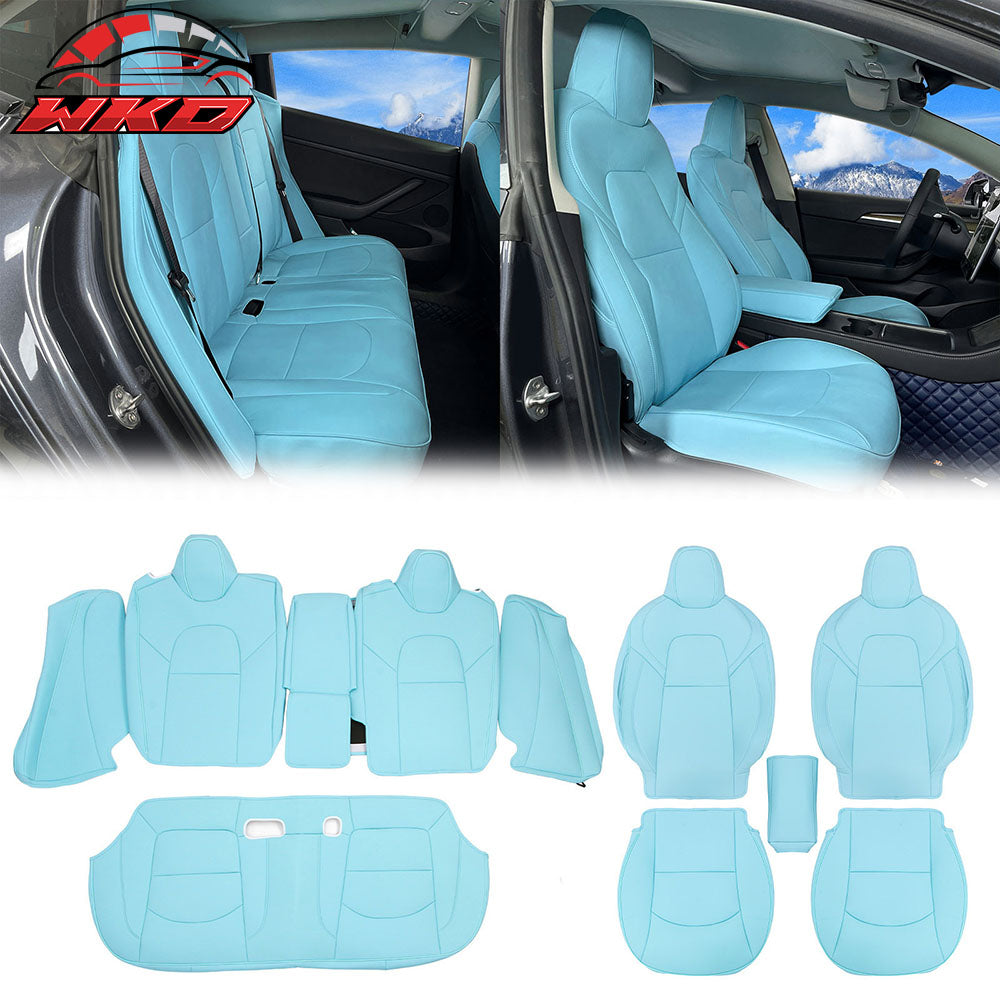 Fits 17-23 Tesla Model 3 5-Seat Seat Covers Blue Cushion Protector Leather 12PCS