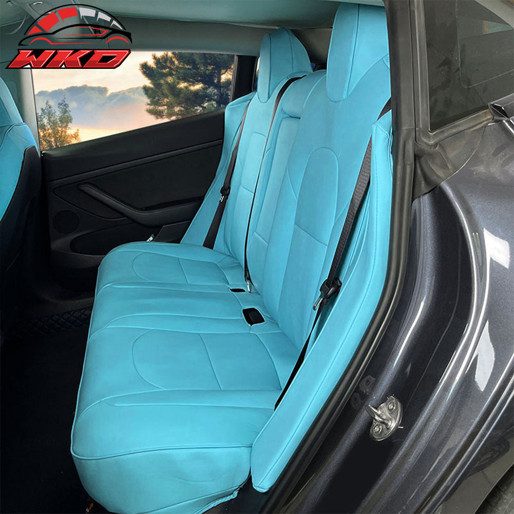 Fits 17-23 Tesla Model 3 5-Seat Seat Covers Blue Cushion Protector Leather 12PCS