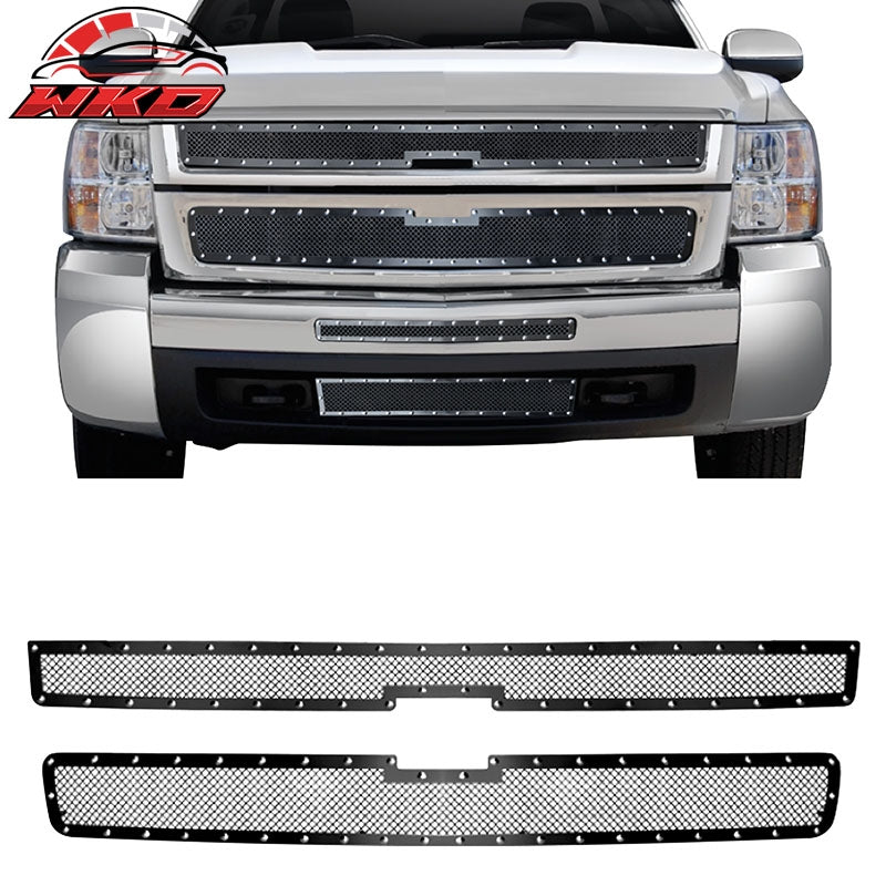 Fits 07-10 Silverado 2500 3500 HD Black Mesh Front Upper Grille Stainless Steel