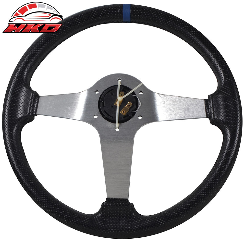 350MM PVC 6 Hole Steering Wheel Deep Dish Silver Spoke Blue Ring & Black Emblem | Wholesale