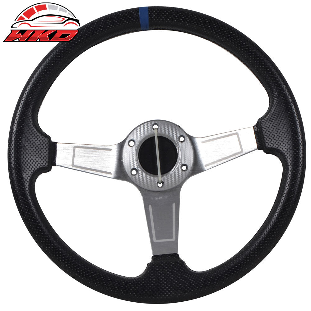 350MM PVC 6 Hole Steering Wheel Deep Dish Silver Spoke Blue Ring & Black Emblem
