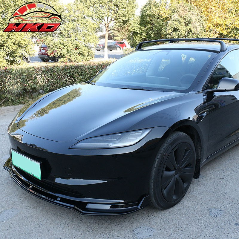 Fits 24-26 Tesla Model 3 3PCS IKON Style Front Bumper Lip Spoiler Gloss Black PP