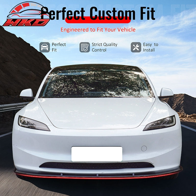 For 24-26 Tesla Model 3 Carbon Fiber Print PP Front Bumper Lip 3PC IKON V4 Style