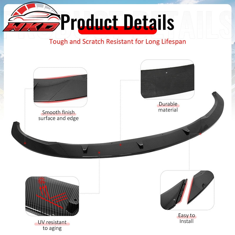 For 24-26 Tesla Model 3 Carbon Fiber Print PP Front Bumper Lip 3PC IKON V4 Style