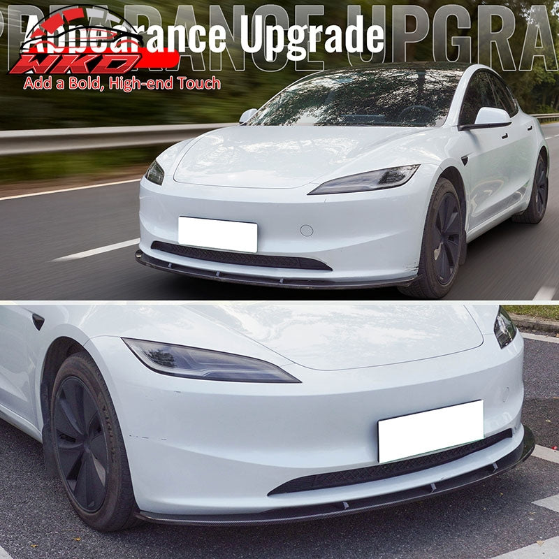 For 24-26 Tesla Model 3 Carbon Fiber Print PP Front Bumper Lip 3PC IKON V4 Style