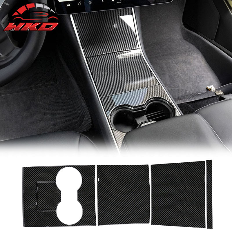 Fits 17-20 Tesla Model 3 Console Storage Box Cover Gloss Carbon Fiber Print ABS