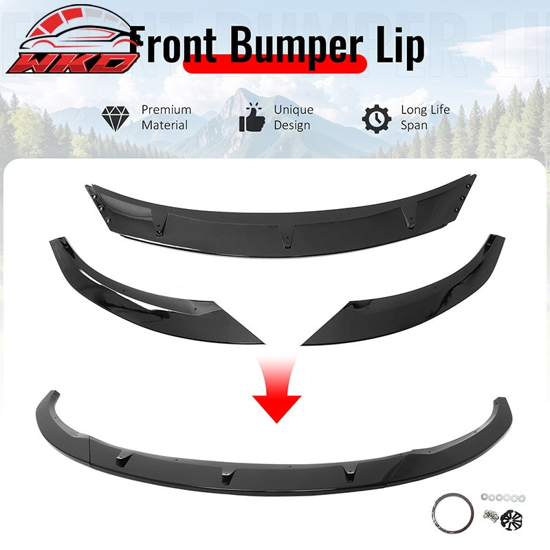 Fits 24-26 Tesla Model 3 Gloss Black PP Front Bumper Lip 3PCS - IKON V4 Style