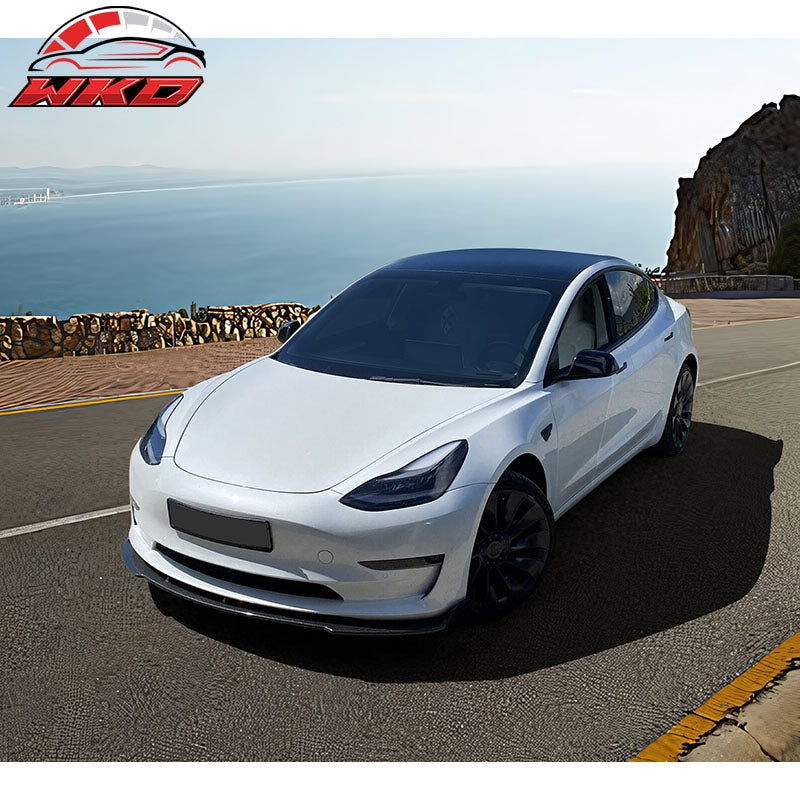 Fits 17-23 Tesla Model 3 IKON Style Carbon Fiber Print Front Bumper Lip PP 3PCS