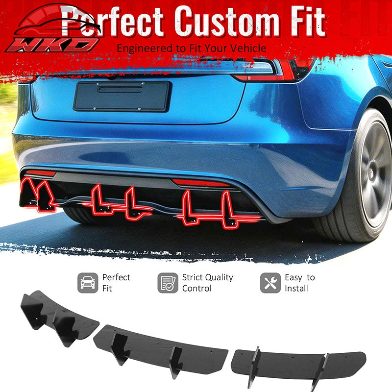 Fits 24-26 Tesla Model 3 IKON Rear Bumper Lip Diffuser Shark Fin Gloss Black 3PC
