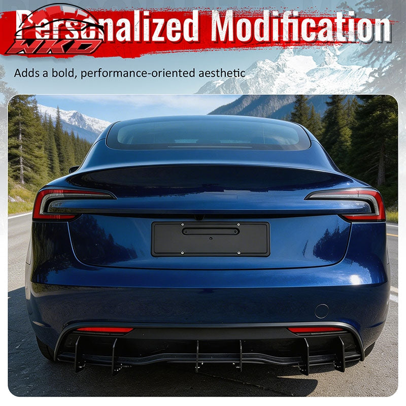 Fits 24-26 Tesla Model 3 IKON Rear Bumper Lip Diffuser Shark Fin Gloss Black 3PC