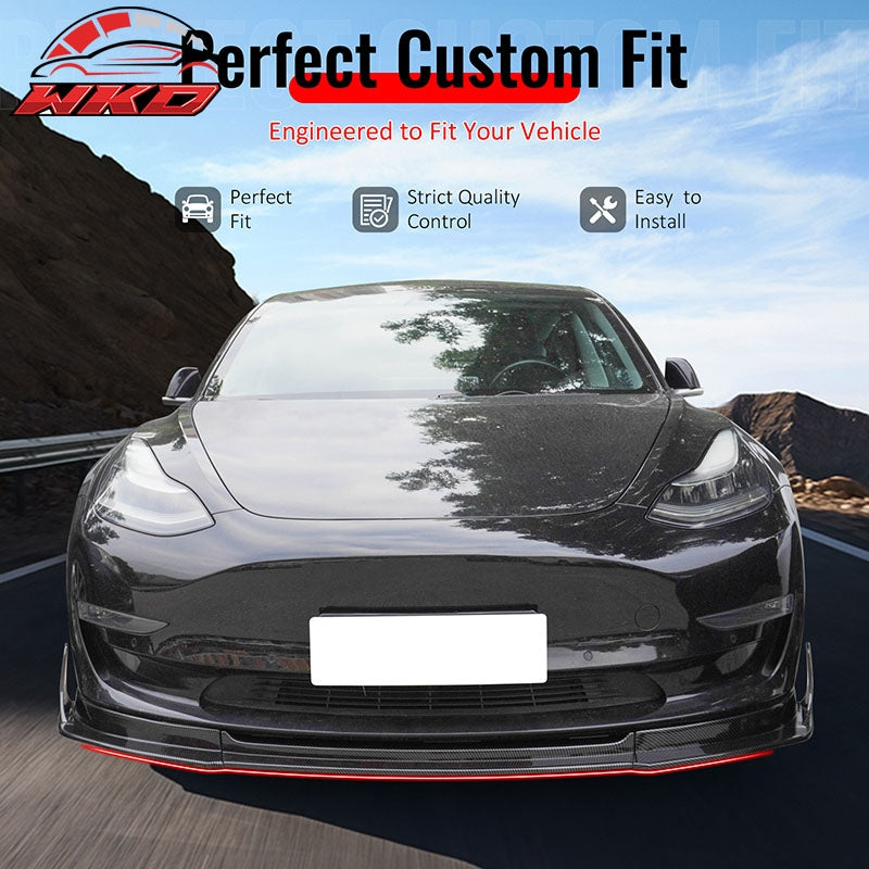 Fits 17-23 Tesla Model 3 IKON V4 Carbon Fiber Print Front Lip w/ V1 Winglets ABS