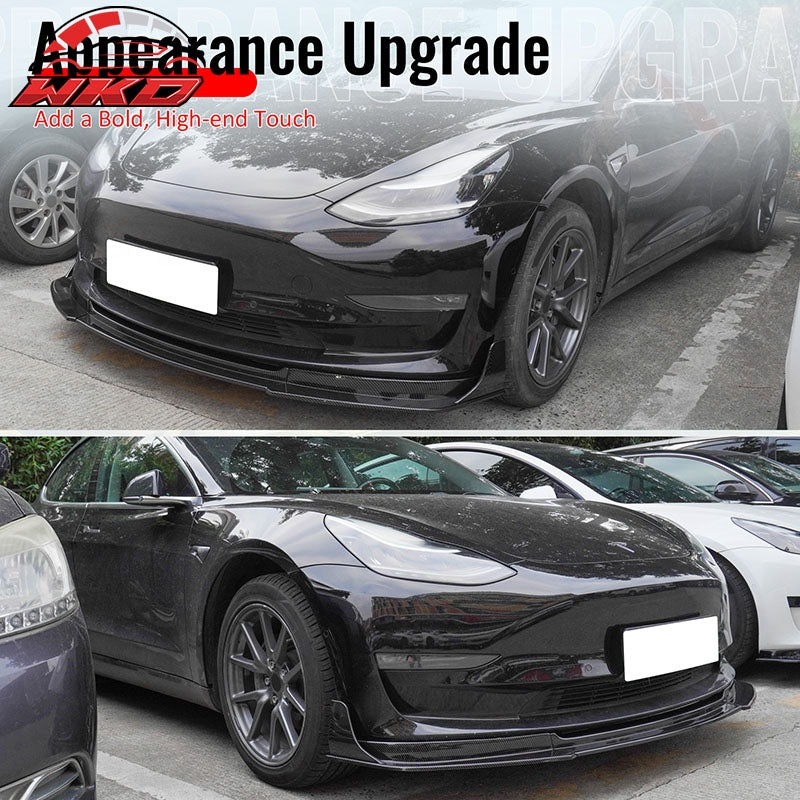 Fits 17-23 Tesla Model 3 IKON V4 Carbon Fiber Print Front Lip w/ V1 Winglets ABS