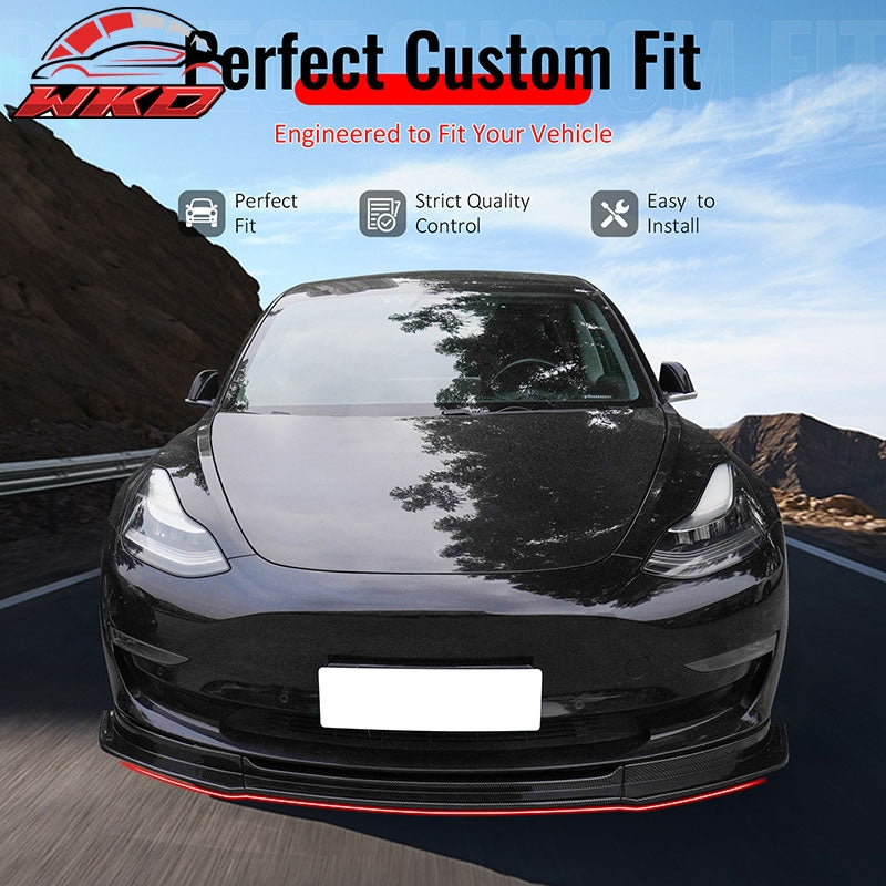 Fits 17-23 Tesla Model 3 IKON V4 Front Bumper Lip 3PC Carbon Fiber Print ABS