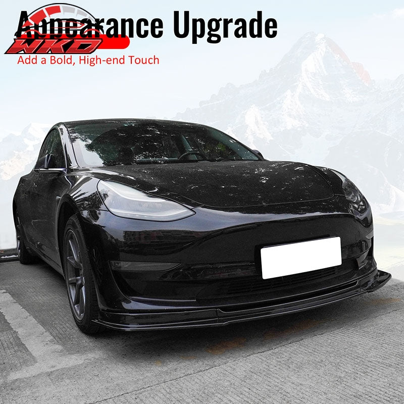Fits 17-23 Tesla Model 3 IKON V4 Front Bumper Lip 3PC Carbon Fiber Print ABS