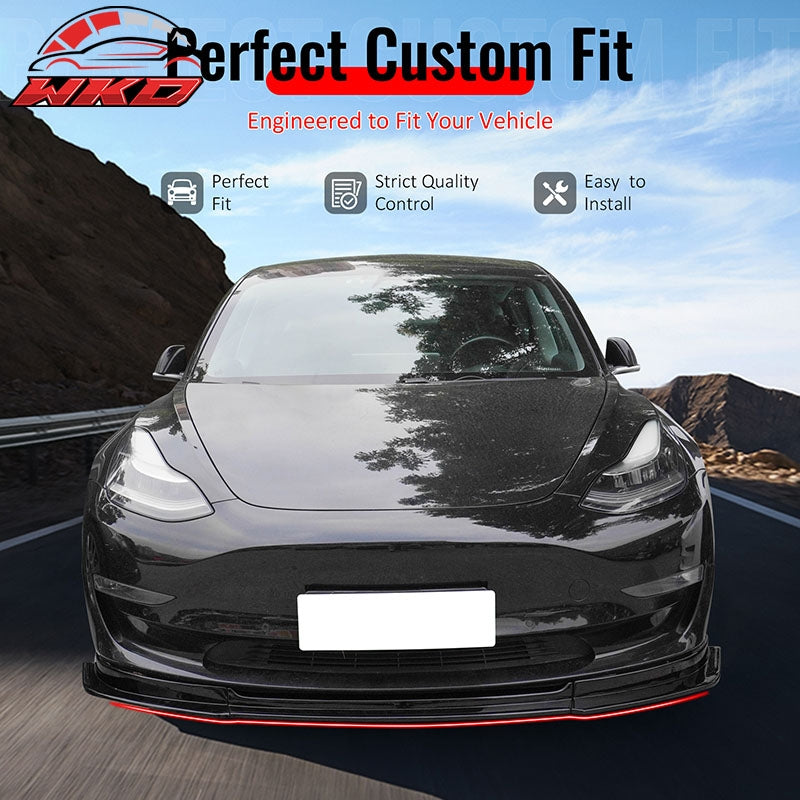Fits 17-23 Tesla Model 3 IKON V4 Style 3PCS Front Bumper Lip Gloss Black ABS