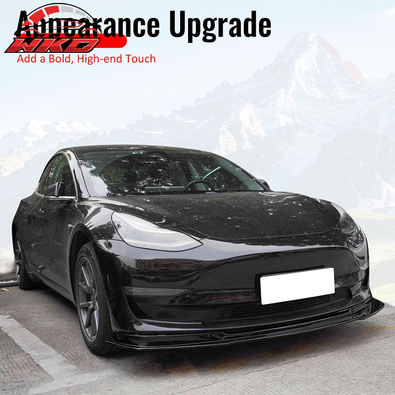 Fits 17-23 Tesla Model 3 IKON V4 Style 3PCS Front Bumper Lip Gloss Black ABS