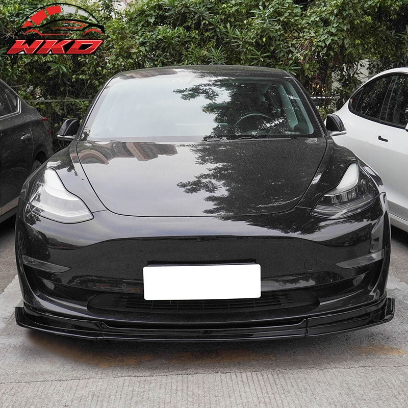 Fits 17-23 Tesla Model 3 IKON V4 Style 3PCS Front Bumper Lip Gloss Black ABS