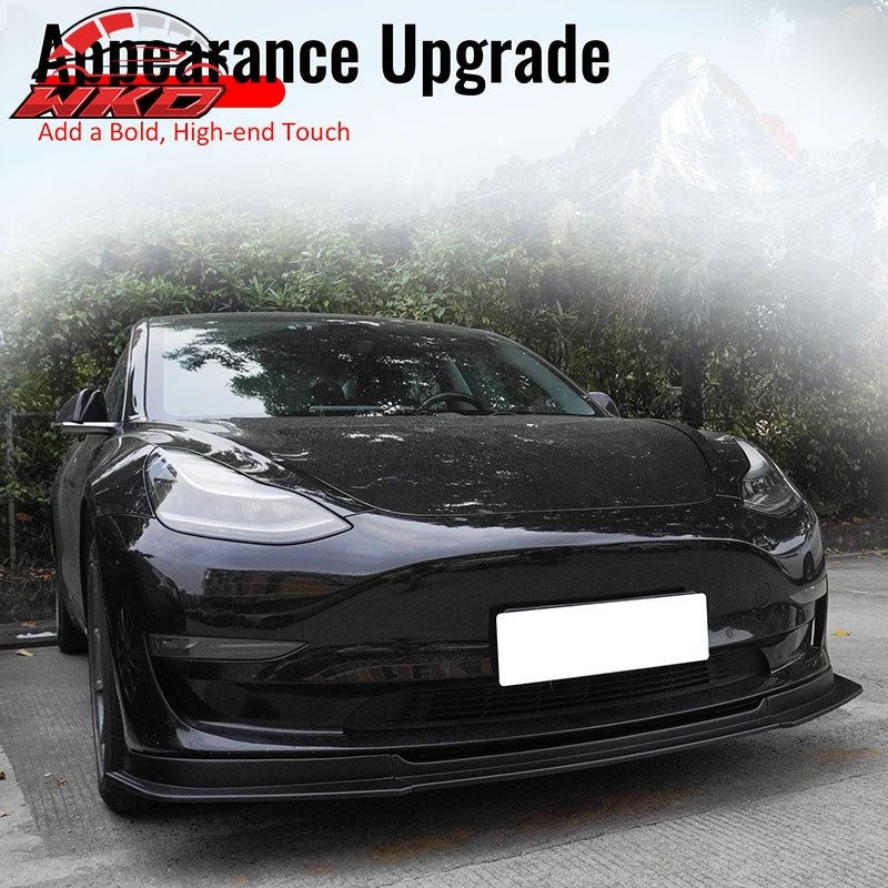 Fits 17-23 Tesla Model 3 IKON V4 Style 3PCS Front Bumper Lip Matte Black ABS
