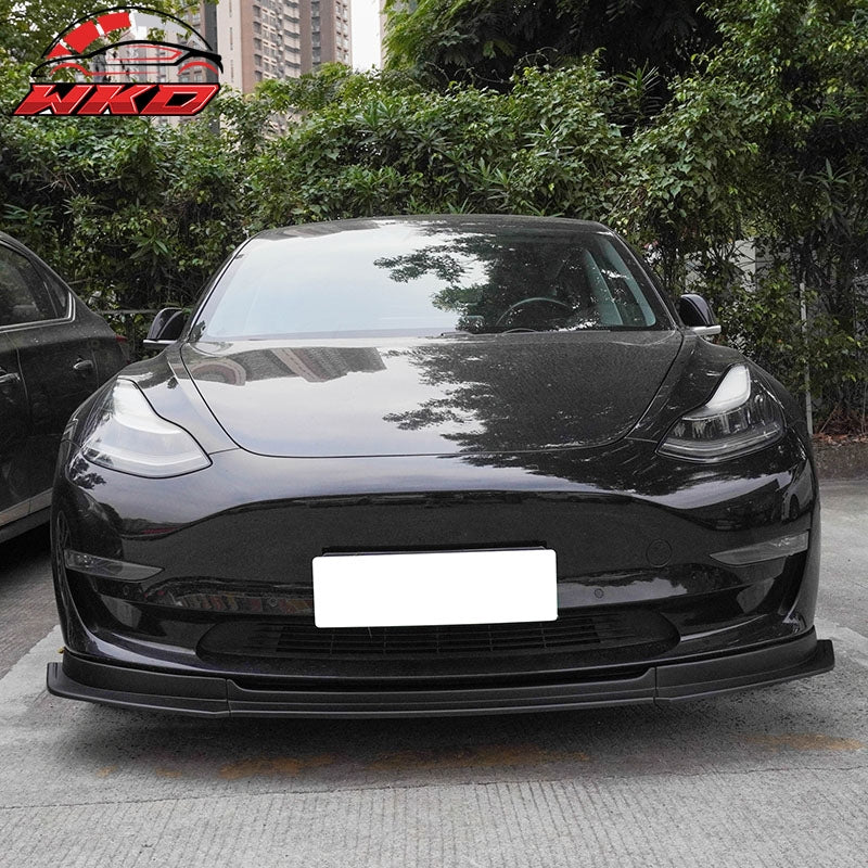 Fits 17-23 Tesla Model 3 IKON V4 Style 3PCS Front Bumper Lip Matte Black ABS