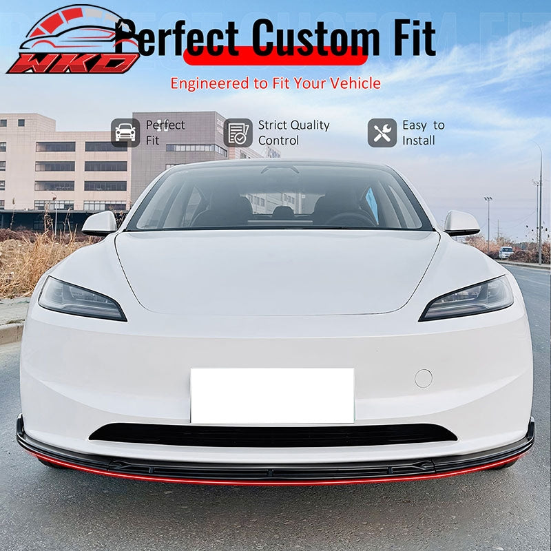 Fits 24-26 Tesla Model 3 IKON V4 Style Front Bumper Lip Spoiler Gloss Black 3PCS
