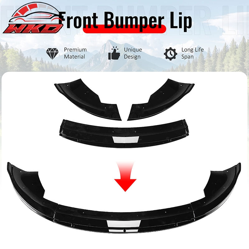 Fits 24-26 Tesla Model 3 IKON V4 Style Front Bumper Lip Spoiler Gloss Black 3PCS