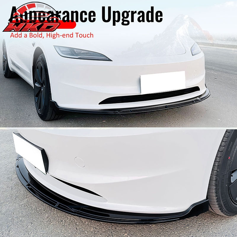 Fits 24-26 Tesla Model 3 IKON V4 Style Front Bumper Lip Spoiler Gloss Black 3PCS