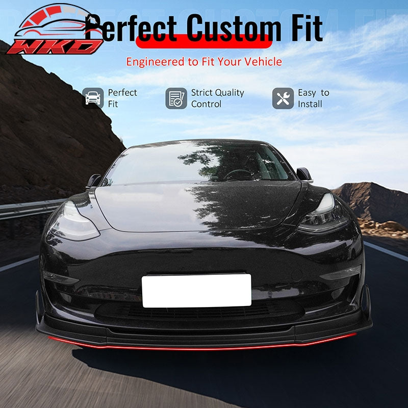 Fits 17-23 Tesla Model 3 IKON V4 3PCS Front Lip w/ V1 Winglets Matte Black ABS