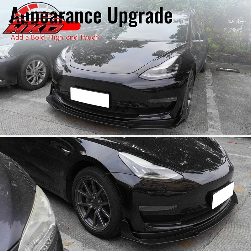 Fits 17-23 Tesla Model 3 IKON V4 3PCS Front Lip w/ V1 Winglets Matte Black ABS