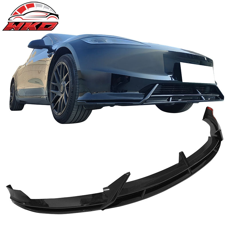 Fits 24-25 Tesla Model 3 IKON2 Style Front Bumper Lip Gloss Black PP 3PCS Set