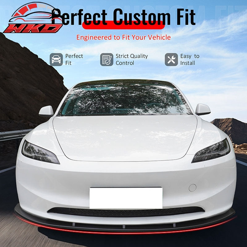 Fits 24-26 Tesla Model 3 Matte Black PP Front Bumper Lip 3PCS - IKON V4 Style