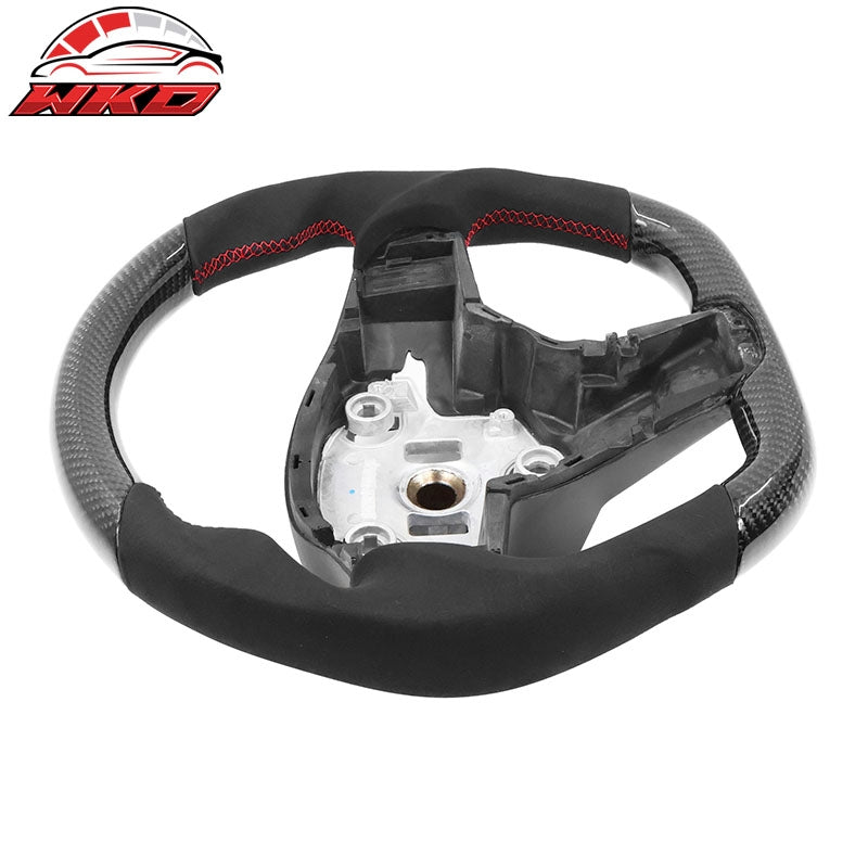 Fits 17-25 Tesla Model 3 & Y Steering Wheel Alcantara W/Red Stitch Carbon Fiber