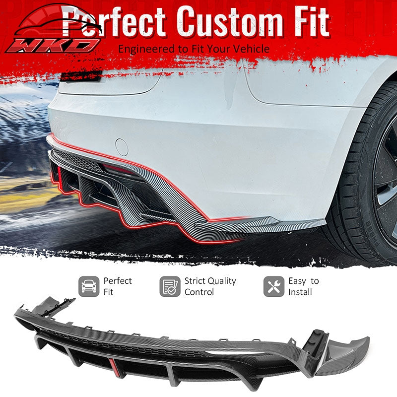 Fits 24-26 Tesla Model 3 Rear Bumper Lip Diffuser W/LED PP Carbon Fiber Print