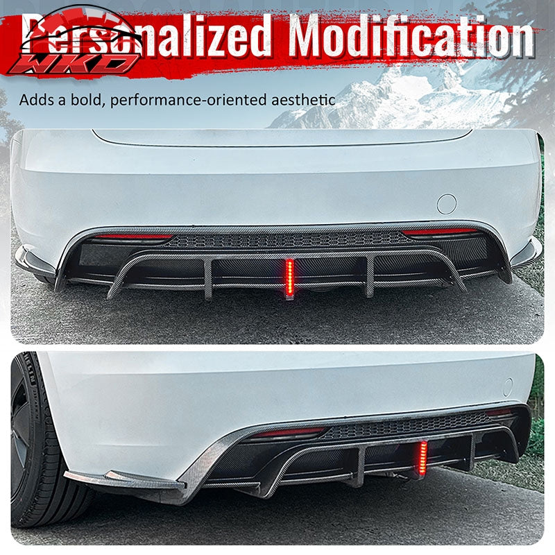 Fits 24-26 Tesla Model 3 Rear Bumper Lip Diffuser W/LED PP Carbon Fiber Print