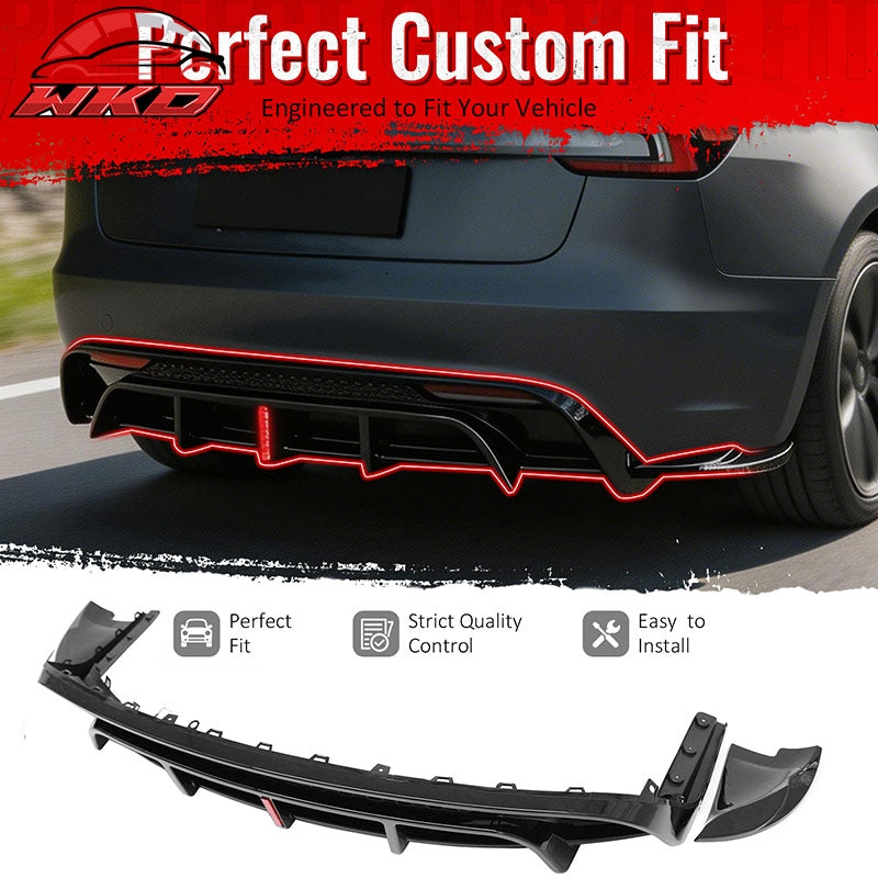 Fits 24-26 Tesla Model 3 Rear Bumper Lip Diffuser Valance W/LED PP Gloss Black