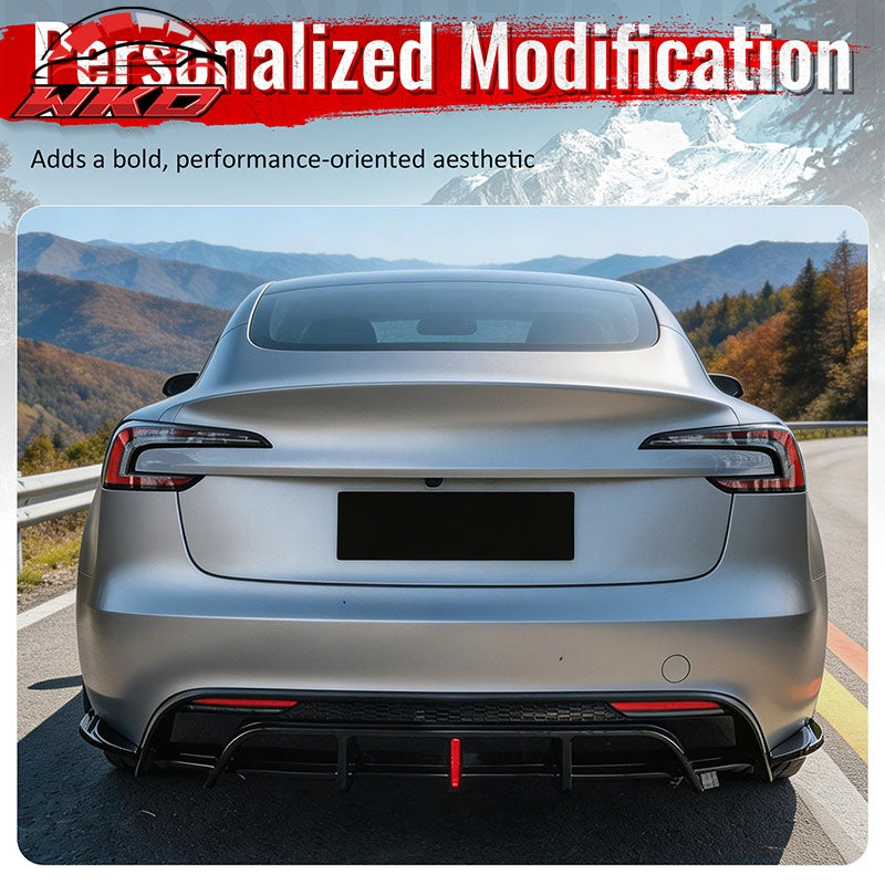 Fits 24-26 Tesla Model 3 Rear Bumper Lip Diffuser Valance W/LED PP Gloss Black