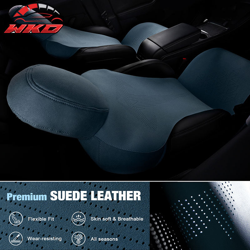 Fits 17-23 Tesla Model 3 V1 Style Seat Cushions Protector Suede Leather Blue
