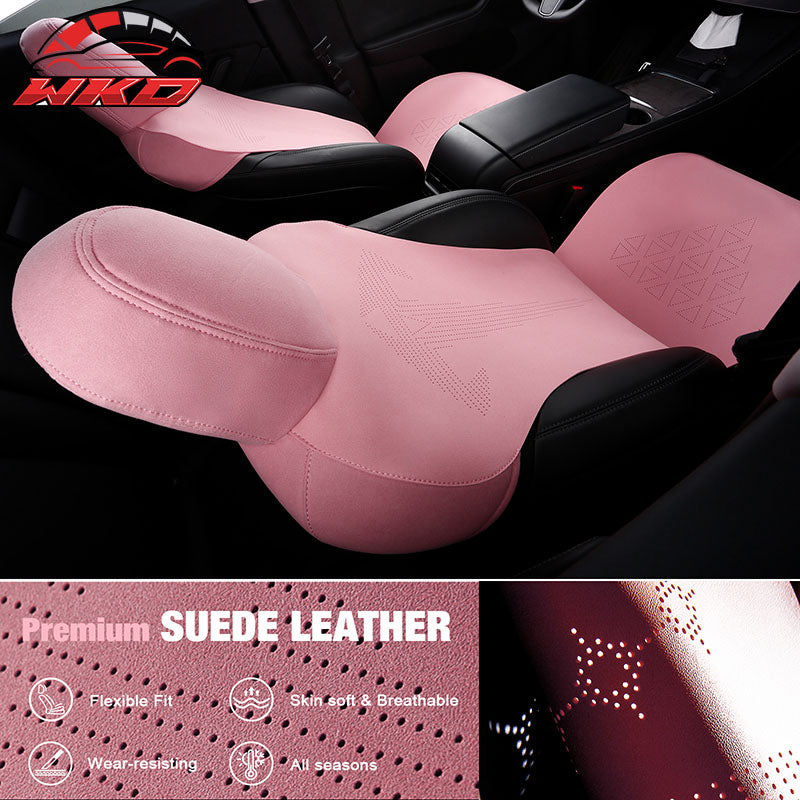 Fits 17-23 Tesla Model 3 V1 Style Seat Cushions Protector Suede Leather Pink