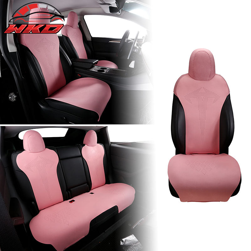 Fits 17-23 Tesla Model 3 V1 Style Seat Cushions Protector Suede Leather Pink