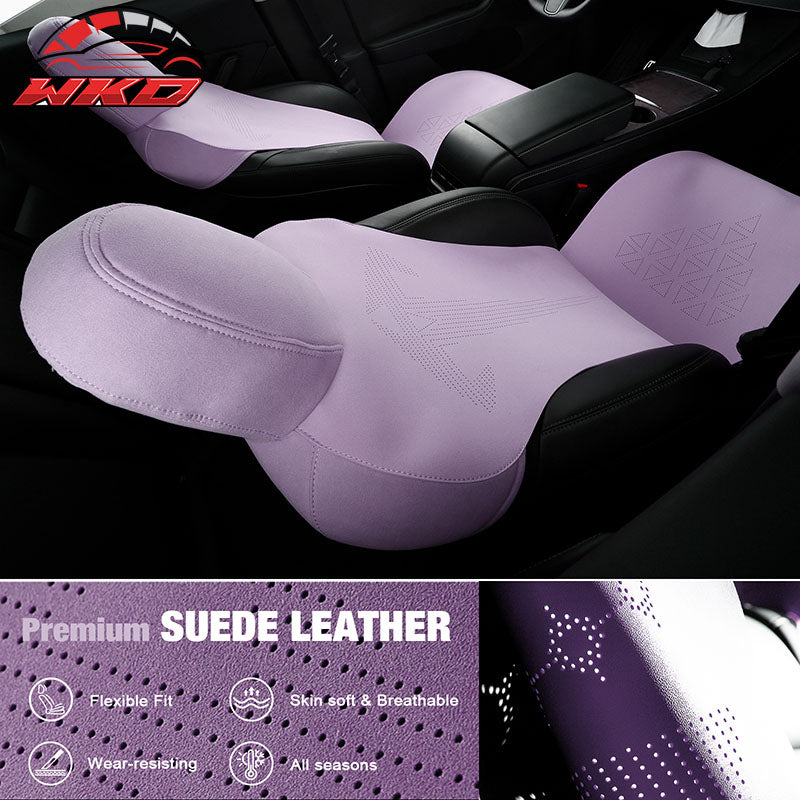Fits 17-23 Tesla Model 3 V1 Style Seat Cushions Protector Suede Leather Purple