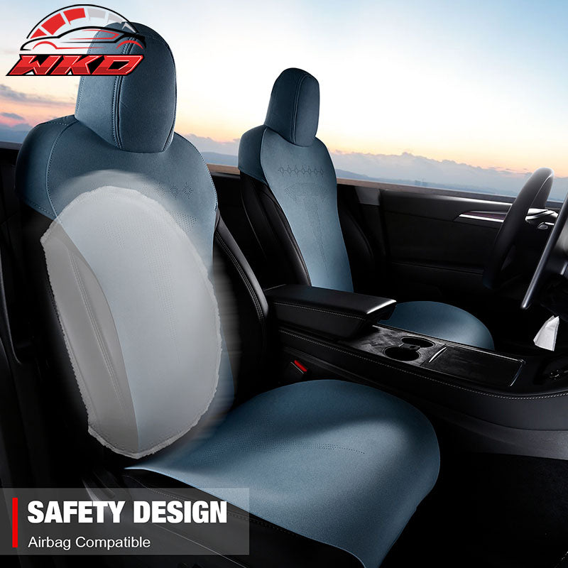 Fits 17-23 Tesla Model 3 V2 Style Seat Cushions Protector Suede Leather Blue