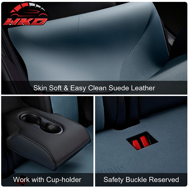 Fits 17-23 Tesla Model 3 V2 Style Seat Cushions Protector Suede Leather Blue
