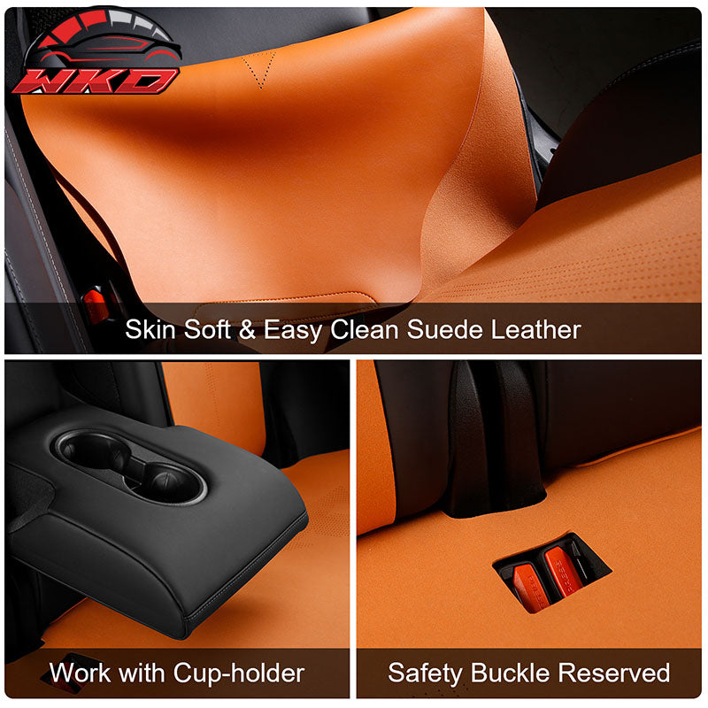 Fits 17-23 Tesla Model 3 V2 Style Seat Cushions Protector Suede Leather Orange
