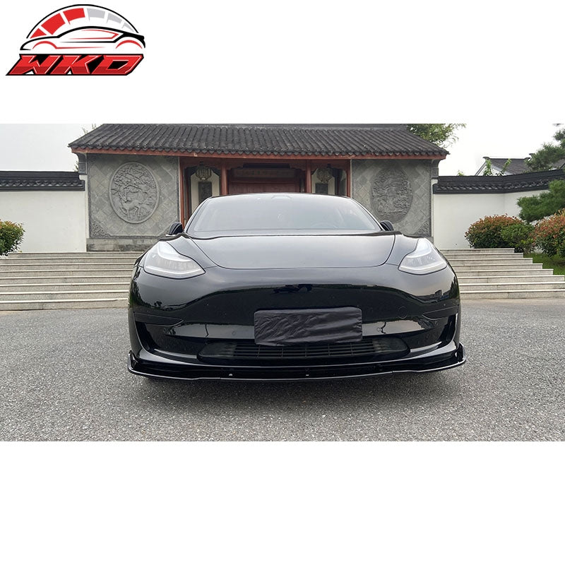 Fits 17-23 Tesla Model 3 Sedan IKON Style Front Bumper Lip PP Gloss Black - 3PCS