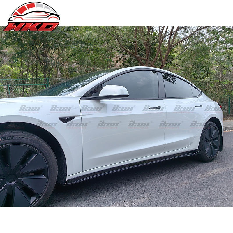 Fits 17-26 Tesla Model 3 IKON Style 2PCS Side Skirts Extension PP Gloss Black