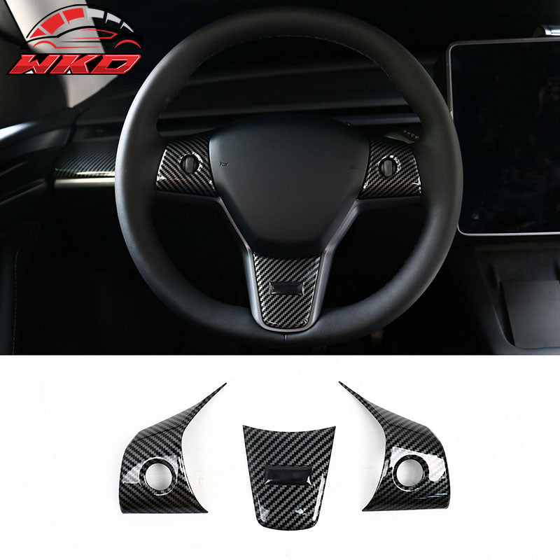Fits 17-23 Tesla Model 3 & 20-25 Y Steering Wheel Cover Trim Carbon Fiber Print