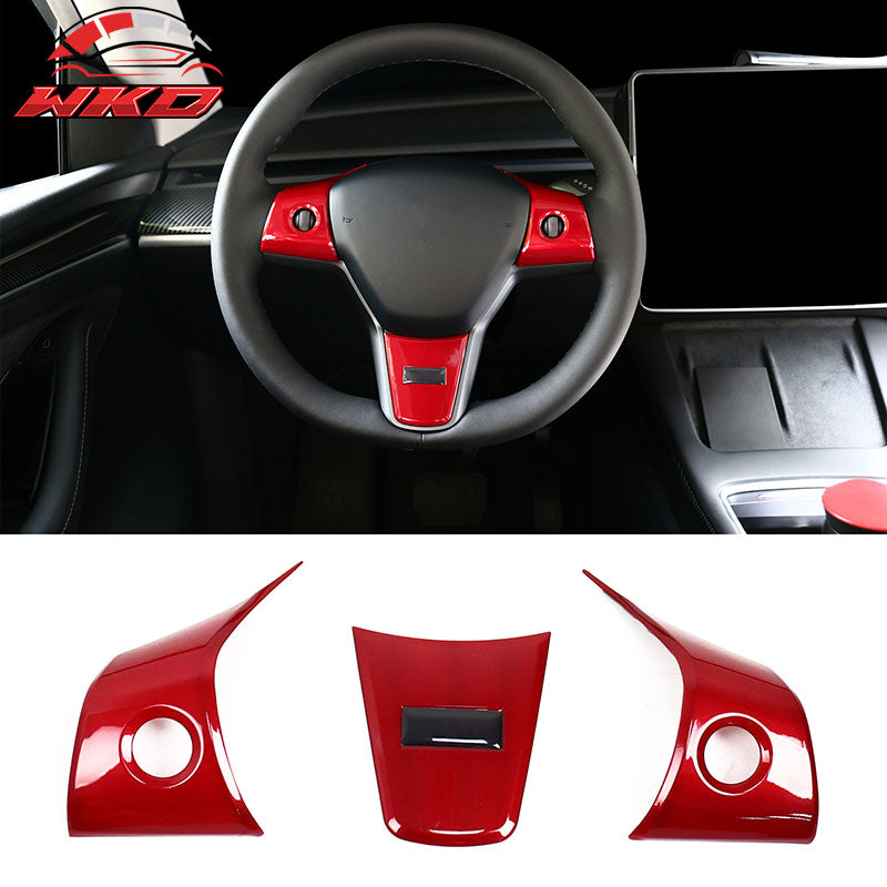 Fits 17-23 Tesla Model 3 & 20-25 Y Steering Wheel Cover Trim Accessory Red ABS