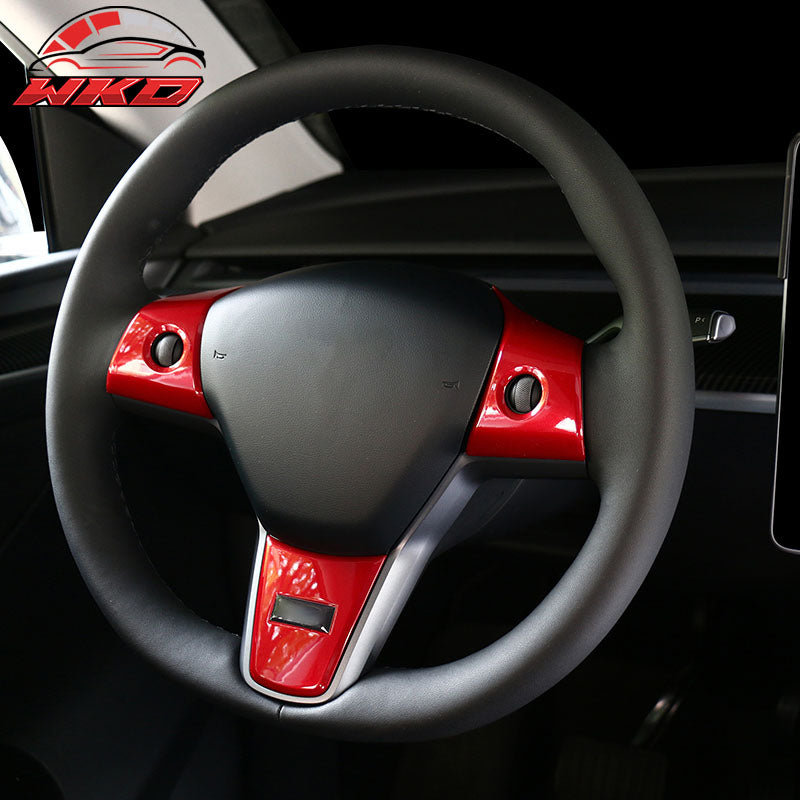 Fits 17-23 Tesla Model 3 & 20-25 Y Steering Wheel Cover Trim Accessory Red ABS