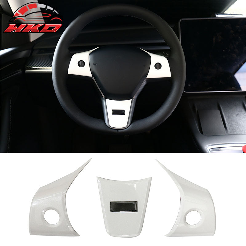 Fits 17-23 Tesla Model 3 & 20-25 Y Steering Wheel Cover Trim Accessory White ABS