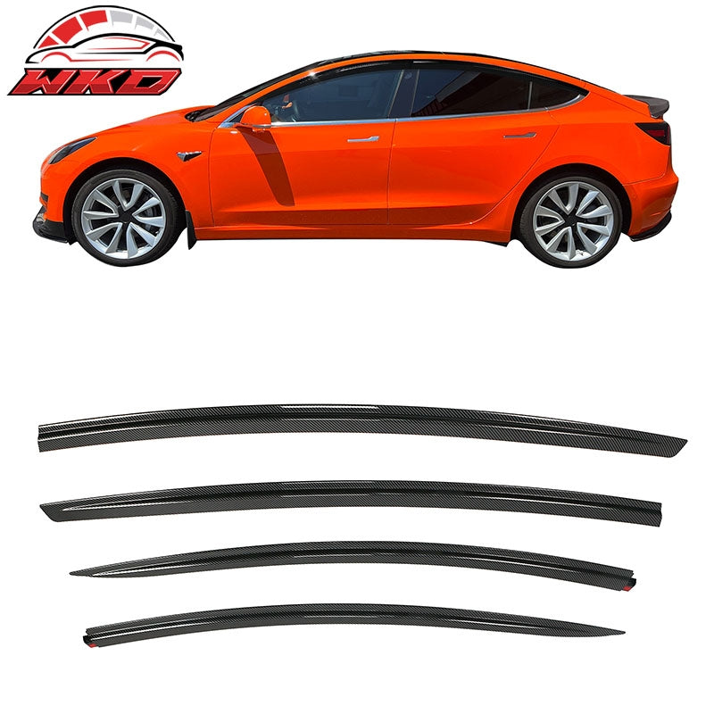 Fits 17-26 Tesla Model 3 Window Visors Sun Rain Guards Gloss Carbon Fiber Print