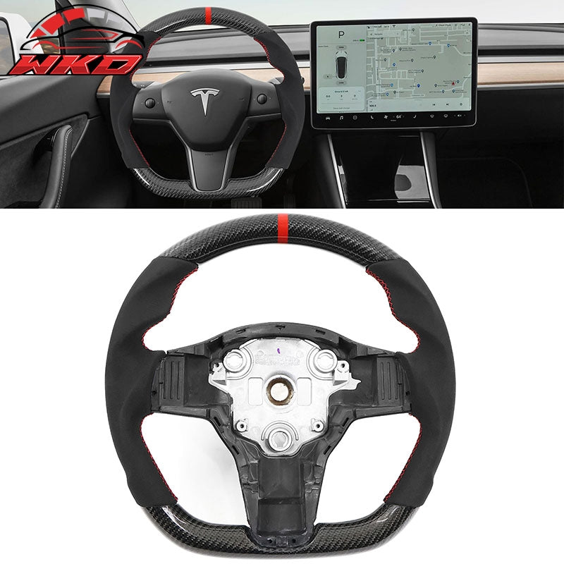 Fits 17-25 Tesla Model 3 & Y Steering Wheel CF Alcantara W/ Red Stitch & Stripe
